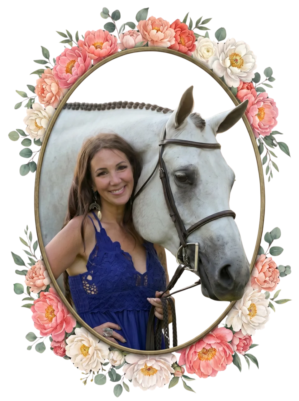 Jenna with one of the horses, framed by peonies